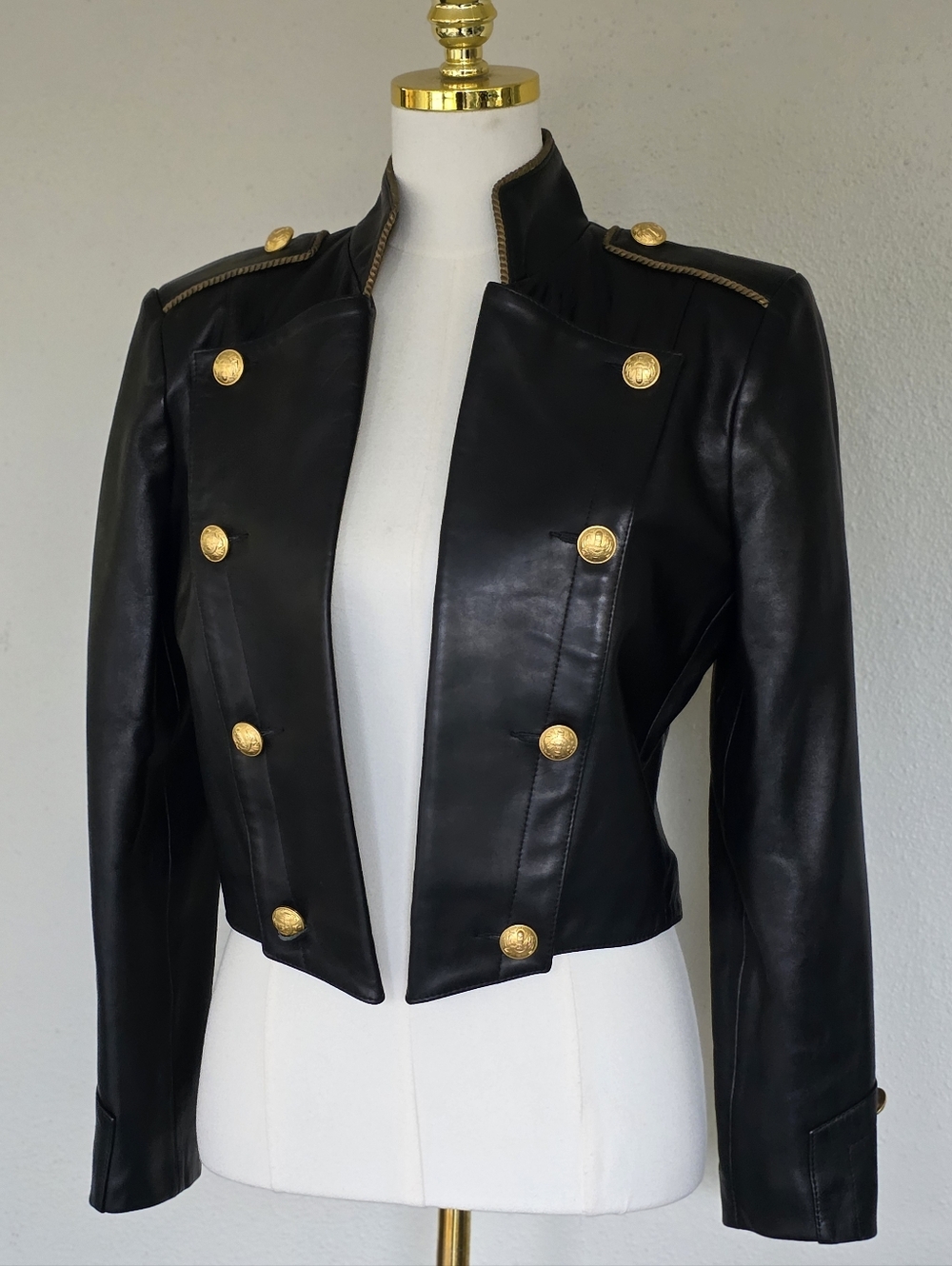 Vintage Michael Hoban North Beach Leather Cropped Military Jacket Gold Buttons